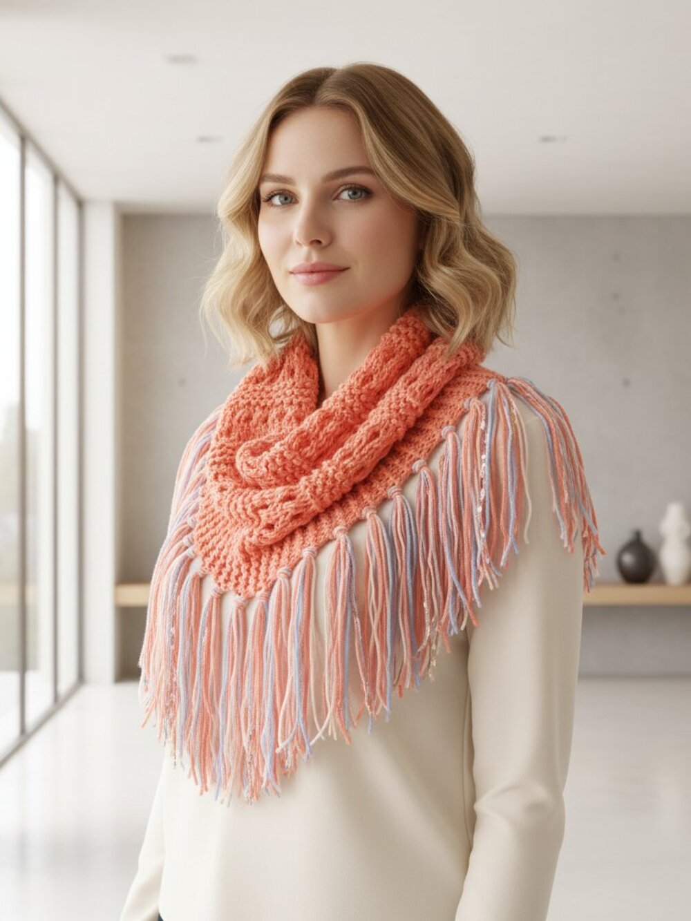 NEW Cowl Scarf Fringe Hand Knitted Coral Eyelet Boho Cottage Knit Fairy Cottage